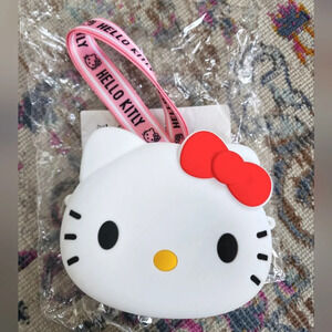 NWT, Hello Kitty White Pink Bow Coin Purse Shoulder Strap Hand Size Rubber